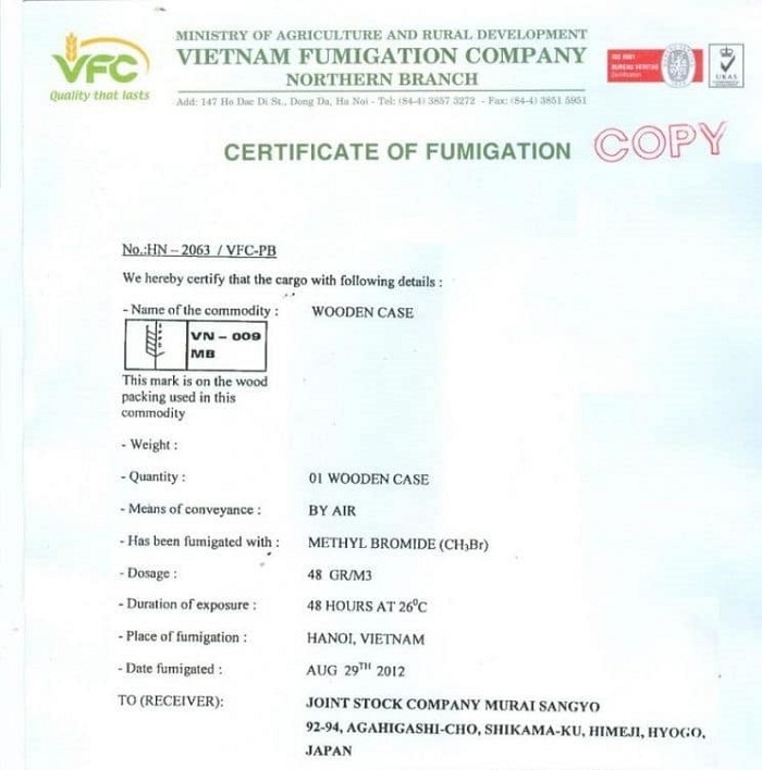 Certificate of Fumigation