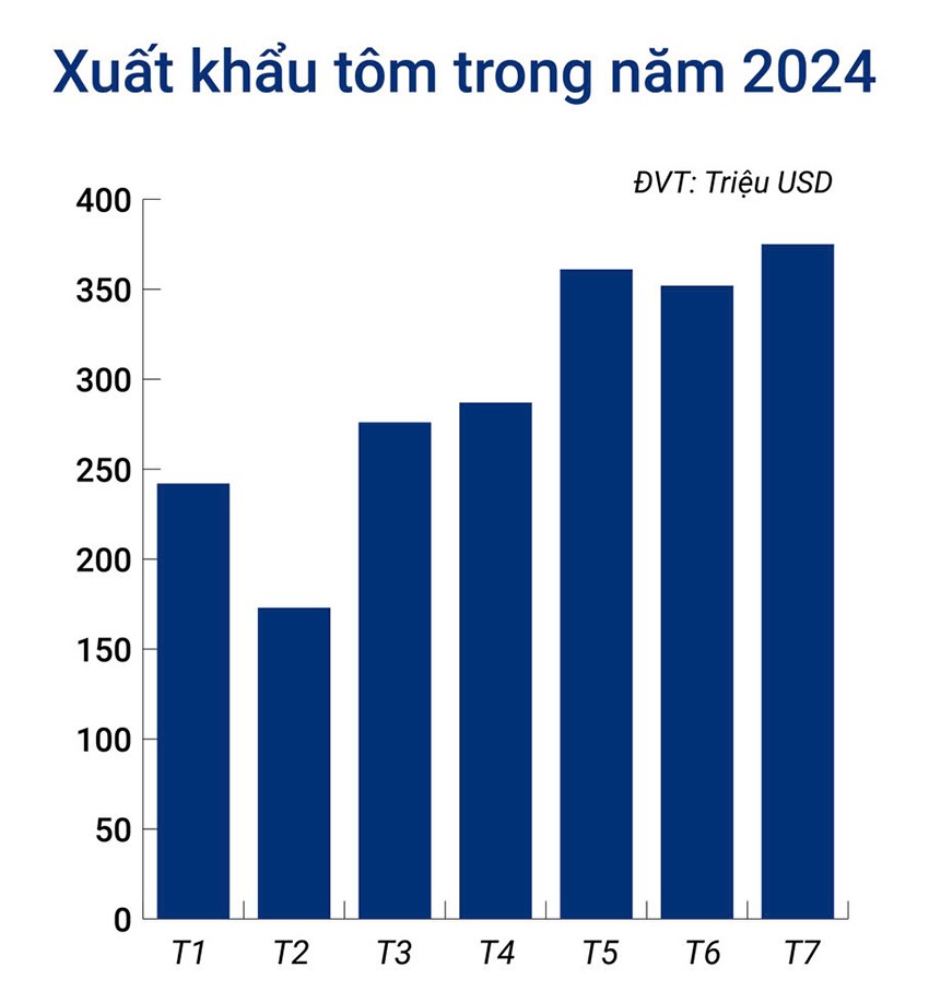 Xuất khẩu tôm tăng mạnh nhất vào tháng 7 tính từ đầu năm 2024